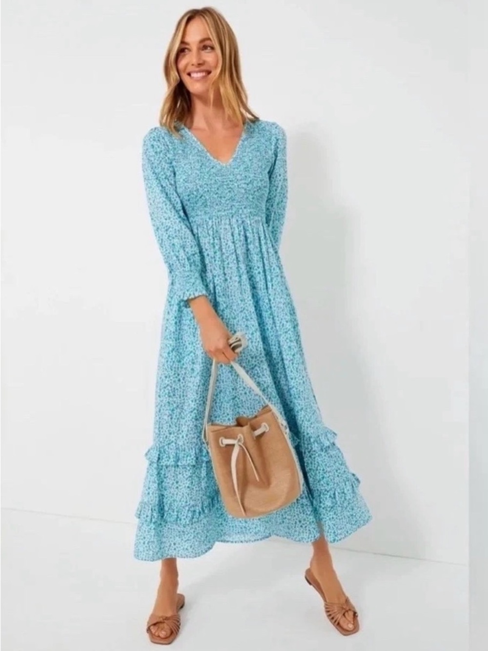 Pink City Prints Ocean Ditsy Floral Isabel Dress XXS Tiered Smocked Peasant Maxi